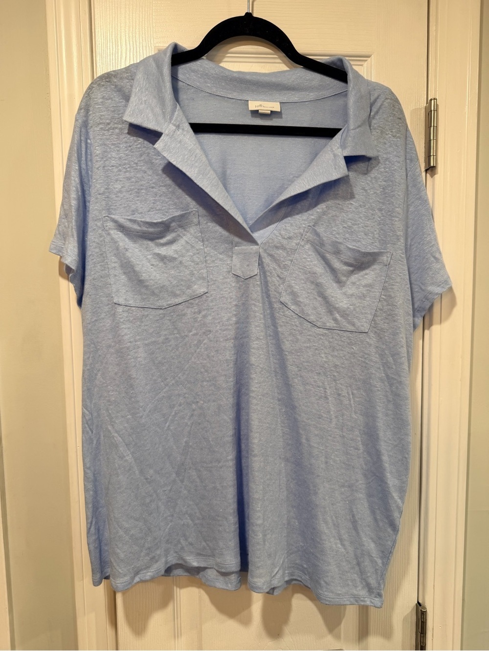 NWOT J. Jill Size 3X Love Linen Light Blue V Neck Short Sleeve Collared Shirt